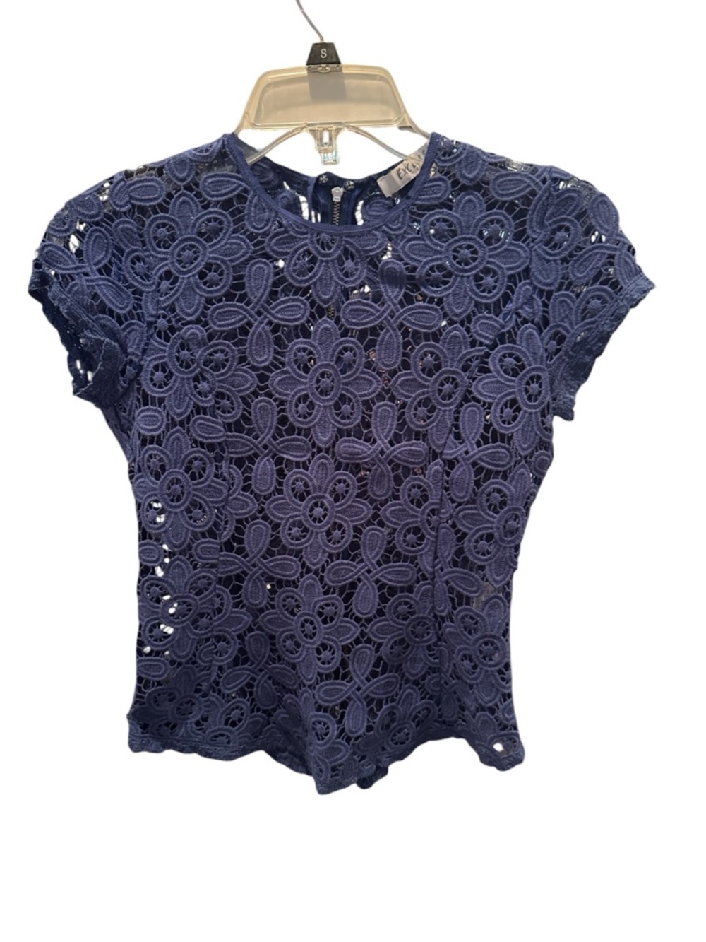INTERMIX Navy Floral Crochet Lace Short Sleeve Top
